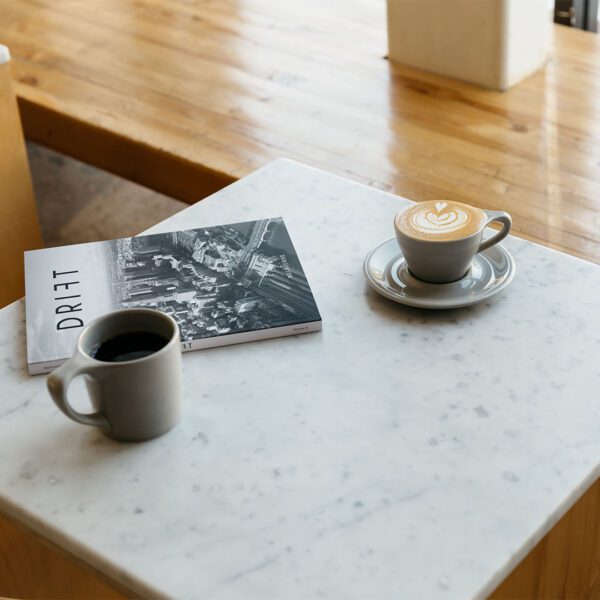 Lino Espresso And Saucer, Mug Stone Gray Marble Table Lifestyle2