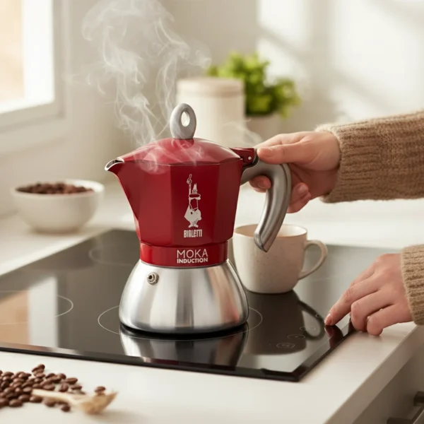 ביאלטי מוקה אינדוקשן 4 כוסות אדומה - תקריב על הידית הארגונומית ובסיס הפלדה המותאם לכיריים אינדוקציה.