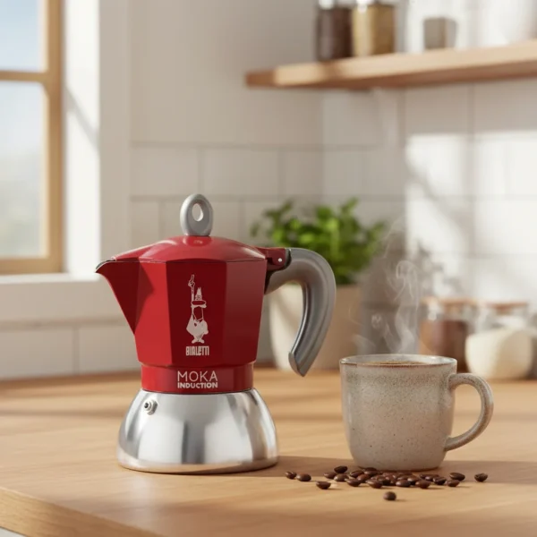 מקינטה ביאלטי מוקה אינדוקשן 4 אדום - מבט חזיתי המציג את העיצוב המודרני והגימור המבריק.