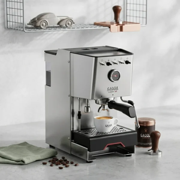 מכונת קפה ידנית גאג'יה קלאסיק GT R - מבט צדדי המציג את מיכל המים הנשלף ומוט ההקצפה, לפתרון קפה מושלם בבית.