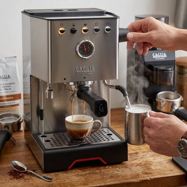 גאג'יה קלאסיק GT R – תקריב על ידית החליטה המקצועית ומוט ההקצפה, המבטיחים חווית בריסטה ביתית מושלמת