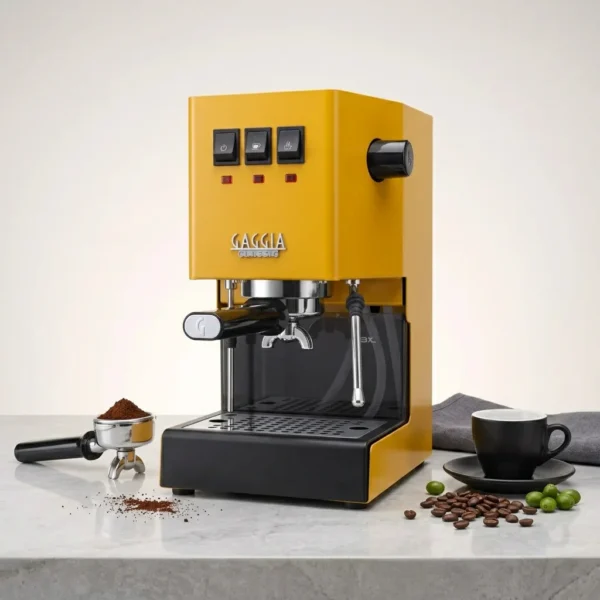 מכונת קפה Gaggia Classic E24 צהובה – מראה תוסס במטבח ביתי