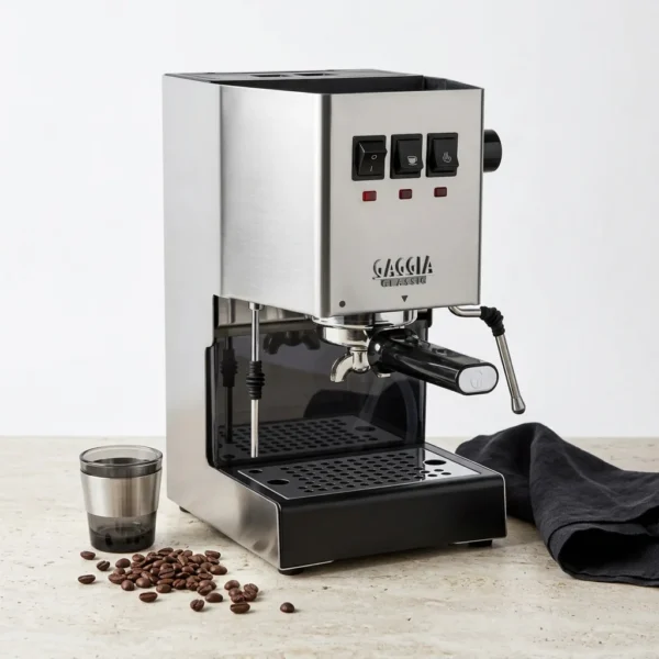 מכונת קפה Gaggia Classic E24 גאג'יה קלאסיק נירוסטה – מראה צדדי המדגיש את מיכל המים הנשלף ואת מבנה הנירוסטה העמיד.