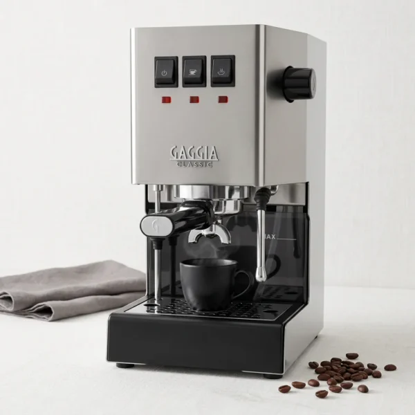 מכונת קפה Gaggia Classic E24 גאג'יה קלאסיק נירוסטה – תקריב על ראש החליטה וידית הפילטר, מוכנה להכנת אספרסו משובח