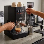 מכונת קפה Gaggia Classic E24 שחור - תקריב על ידית החליטה (פורטפילטר) ומנגנון הקצפת החלב