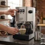 מכונת אספרסו ביתית Gaggia Classic E24 גאג'יה קלאסיק נירוסטה – מבט צדדי המדגיש את מיכל המים הגדול וידית ההקצפה המקצועית