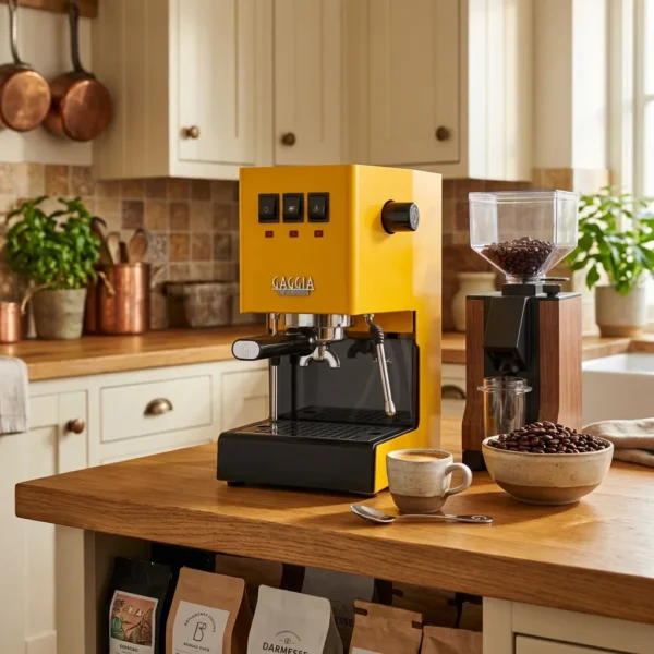 מכונת קפה Gaggia Classic E24 צהובה – מבט קדמי מלא ועיצוב מודרני