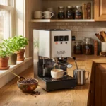 מכונת קפה Gaggia Classic E24 גאג'יה קלאסיק נירוסטה – מבט קדמי על העיצוב הקלאסי והגימור היוקרתי למטבח.