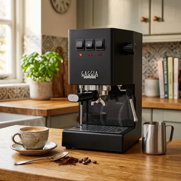 מכונת קפה Gaggia Classic E24 שחור - מבט חזיתי המדגיש את העיצוב הקומפקטי והאלגנטי