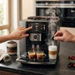 תקריב על מסך המגע החכם ופיית הקפה של מכונת Jura J10 Twin Diamond Onyx (EA), מדגיש את טכנולוגיית ההפעלה המתקדמת.