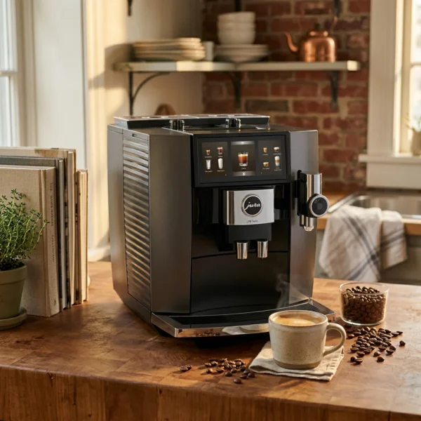 מכונת קפה אוטומטית Jura J10 Twin Diamond Onyx (EA) בצבע אוניקס יוקרתי, במבט קדמי מלא המציג את עיצובה האלגנטי.