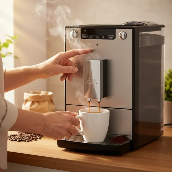 Melitta Solo Silver מכונת אספרסו - תקריב על פאנל ההפעלה הפשוט והאינטואיטיבי, להכנת קפה בלחיצת כפתור.