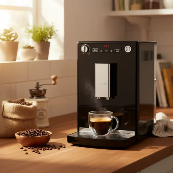 מכונת קפה אוטומטית Melitta Solo שחורה – מבט חזיתי מלא המציג את העיצוב המלוטש והקומפקטי שלה.