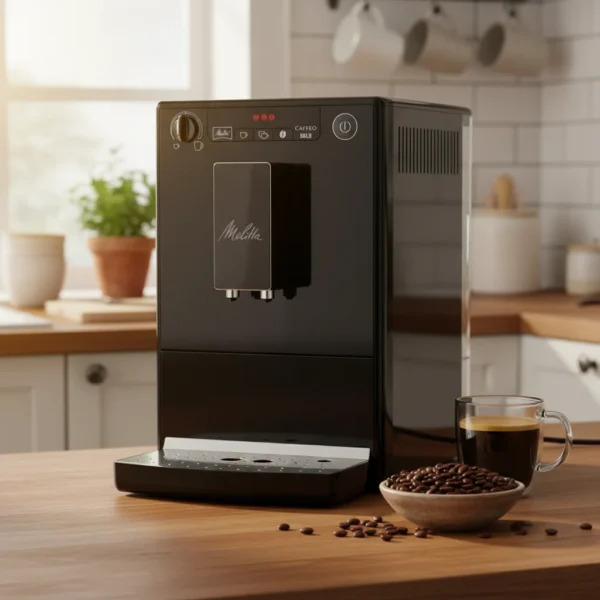 מכונת קפה אוטומטית Melitta Solo Pure Black - מבט חזיתי על העיצוב הקומפקטי והאלגנטי