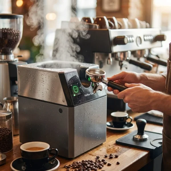 קפה קלאר מנקה פורטה פילטר - תקריב על תווית המוצר והוראות השימוש, לפירוק שומנים ושאריות קפה.