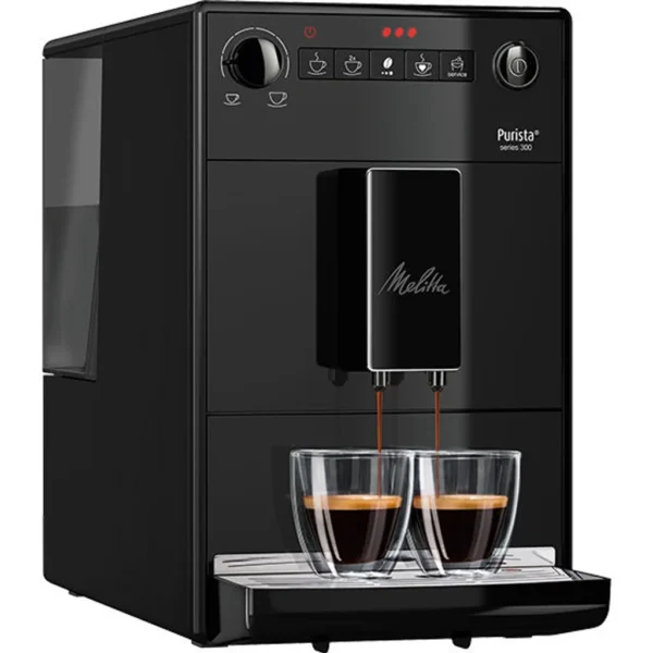 מכונת אספרסו Melitta Purista Series 300 שחורה בסביבת מטבח מודרני