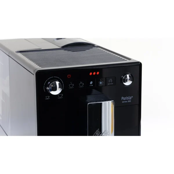 Melitta Purista Series 300 שחורה מציגה מצב כוס כפולה עם שתי כוסות אספרסו