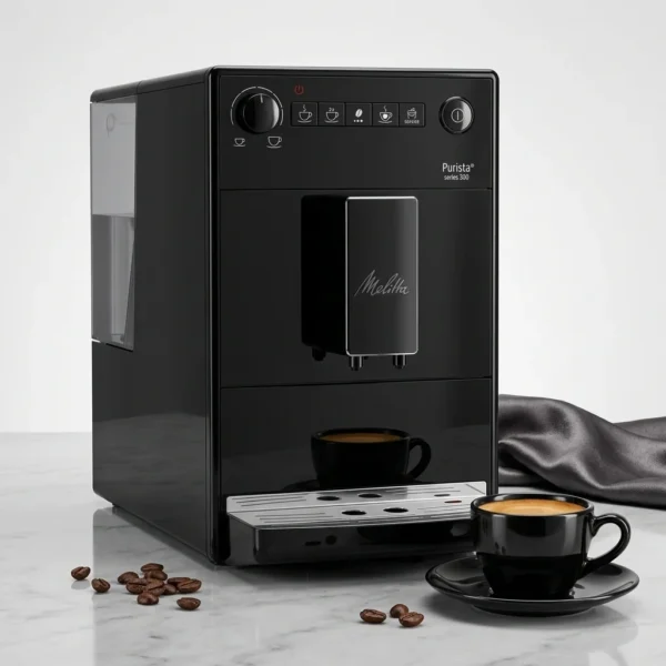מכונת אספרסו פוליש Melitta Purista® Series 300 שחורה – מראה את תהליך מזיגת האספרסו העשיר והארומטי לכוס, לחווית קפה טרי ומושלם בבית.
