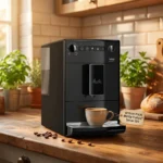 מכונת אספרסו אוטומטית Melitta Purista® Series 300 שחורה – מבט קדמי המדגיש את העיצוב המודרני והקומפקטי, אידיאלית לכל מטבח ישראלי.