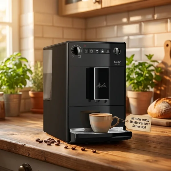 מכונת אספרסו אוטומטית Melitta Purista® Series 300 שחורה – מבט קדמי המדגיש את העיצוב המודרני והקומפקטי, אידיאלית לכל מטבח ישראלי.