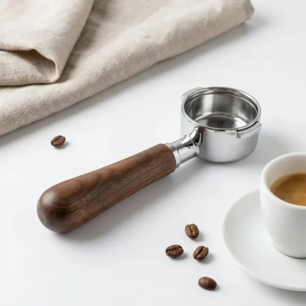 ידית בוטומלס ללא תחתית 58 מ"מ למכונת קפה לליט, מורכבת במכונה, מדגימה התאמה אופטימלית ואחיזה נוחה לחליטת קפה מקצועית.