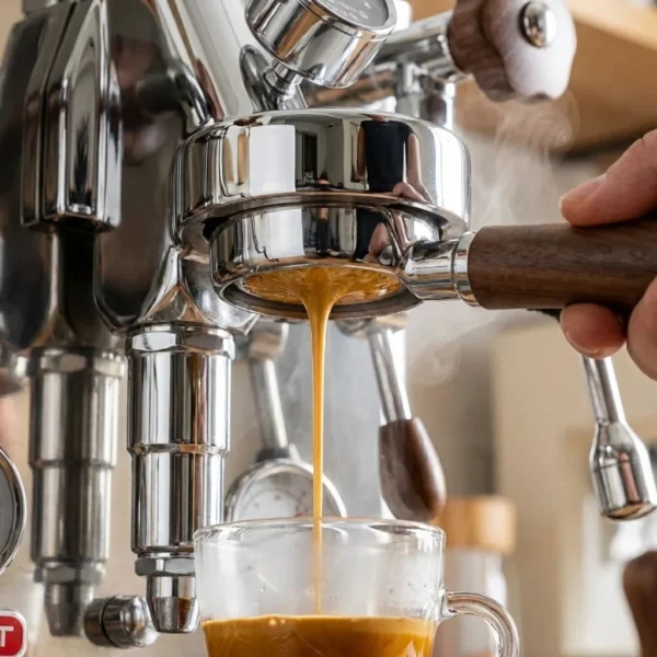 תקריב על ידית בוטומלס ללא תחתית למכונת קפה 58 מ"מ - לליט, מראה את פתח החליטה החשוף המאפשר צפייה מושלמת במיצוי האספרסו.