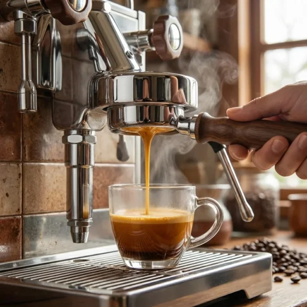 ידית בוטומלס ללא תחתית למכונת קפה 58 מ"מ – תקריב על סלסלת החליטה (Basket) ואיכות הנירוסטה