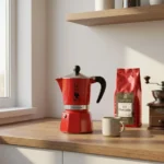 תקריב של מקינטה Bialetti Rainbow 3 אדום - פוקוס על הלוגו האיקוני של ביאלטי