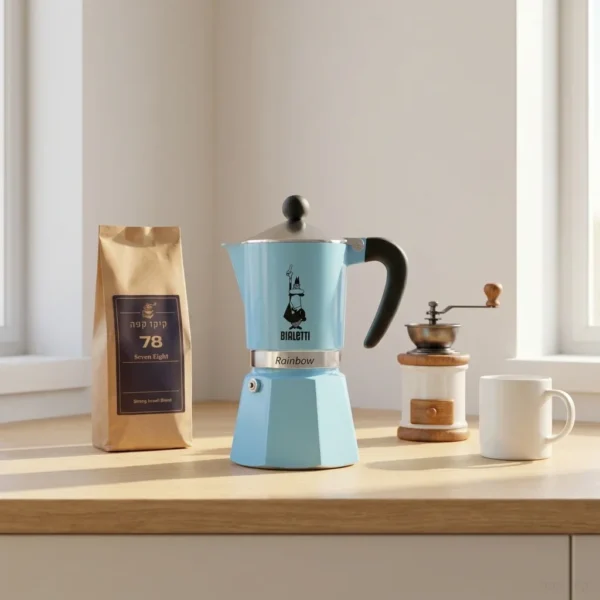 מקינטה Bialetti Rainbow 3 בצבע תכלת - זווית צידית המדגישה את המבנה הארגונומי של הידית