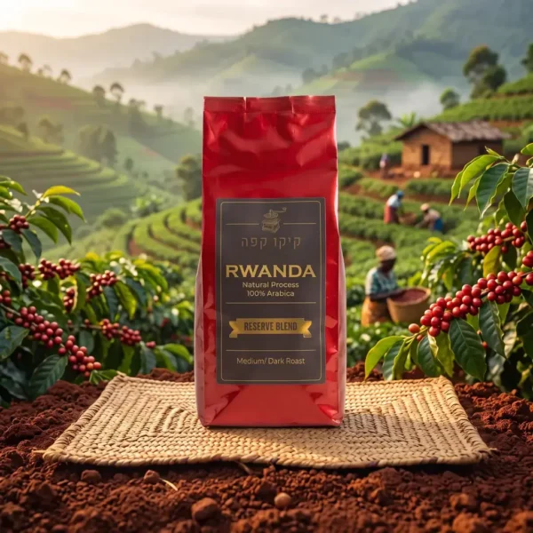 קפה רואנדה Reserve Blend - שקית הקפה על רקע מטע קפה בהרי רואנדה