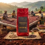 רואנדה Reserve Blend - שקית הקפה לצד מיטות ייבוש של דובדבני קפה בעיבוד טבעי