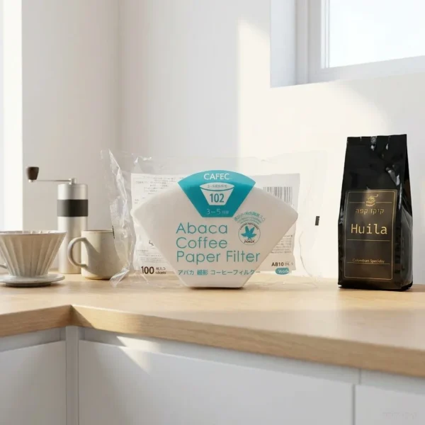 אריזת נייר סינון לקפה Cafec Abaca טרפז 102 לבן - מבט חזיתי על האריזה המקורית