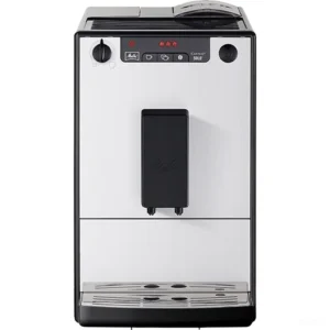 מכונת קפה אוטומטית Melitta Solo Pure Silver בגימור כסוף מלא, מבט חזיתי על רקע לבן