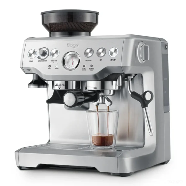 מכונת אספרסו Sage Barista Express (Breville) SES875 נירוסטה מזווית נגדית, עם ידית החליטה נעולה בראש החליטה וזרוע הקיטור בצד