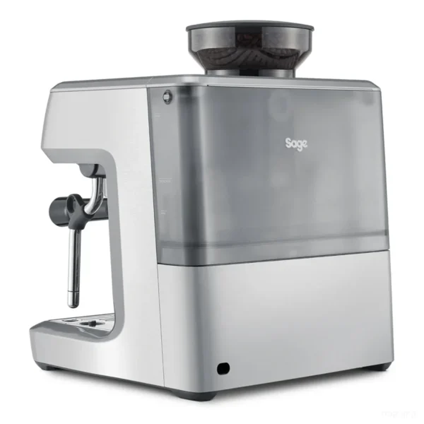 מכונת אספרסו Sage Barista Express (Breville) SES875 נירוסטה במבט אחורי אלכסוני על מיכל המים הנשלף ועל לוגו Sage