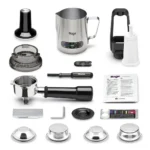 תכולת האריזה של מכונת אספרסו Sage Barista Express SES875: ידית חליטה, סלסילות סינון, דוחסן, משפך מינון, כלי Razor, קנקן הקצפה, פילטר מים וערכת ניקוי