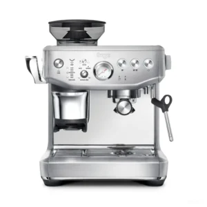 מכונת אספרסו Sage Barista Express Impress SES876 בנירוסטה מוברשת, מבט חזיתי על רקע לבן