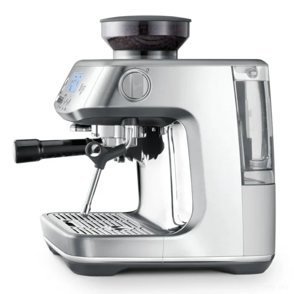 מבט מהצד על מכונת אספרסו Sage Barista Pro SES878, עם מיכל הפולים המלא, ראש החליטה וזרוע הקיטור