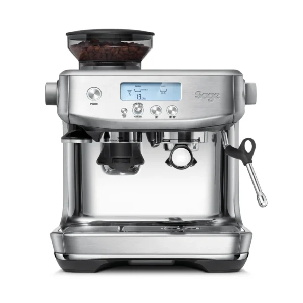 מכונת אספרסו Sage Barista Pro (Breville) SES878 נירוסטה מוברשת במבט חזיתי על רקע לבן