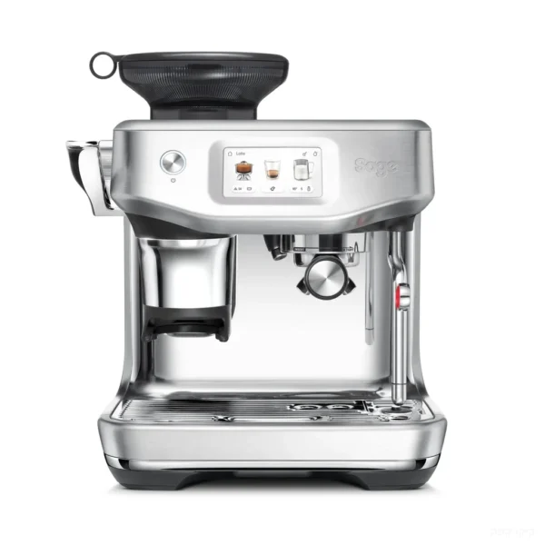 מכונת אספרסו Sage Barista Touch Impress (Breville) SES882 בנירוסטה מוברשת במבט חזיתי על רקע לבן