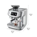 תרשים מידות מכונת אספרסו Sage Oracle Dual Boiler SES995: גובה 45.5 ס״מ, רוחב 37.4 ס״מ, עומק 38.7 ס״מ