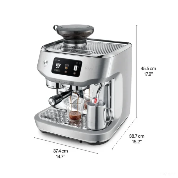 תרשים מידות מכונת אספרסו Sage Oracle Dual Boiler SES995: גובה 45.5 ס״מ, רוחב 37.4 ס״מ, עומק 38.7 ס״מ