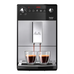 מכונת אספרסו מליטה פיוריסטה Melitta Purista Series 300 כסופה, מבט חזיתי על רקע לבן עם שתי כוסות אספרסו