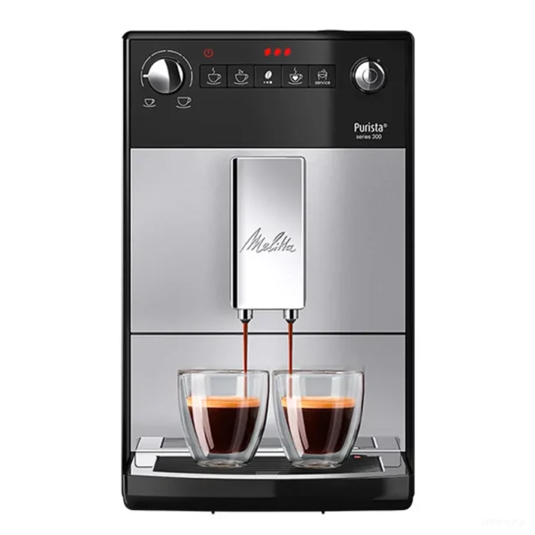 מכונת אספרסו מליטה פיוריסטה Melitta Purista Series 300 כסופה, מבט חזיתי על רקע לבן עם שתי כוסות אספרסו