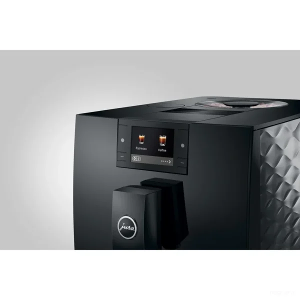מכונת קפה אוטומטית Jura C9 Piano Black - תקריב על המסך הצבעוני 2.8 אינץ' ומיכל הפולים שבחלק העליון