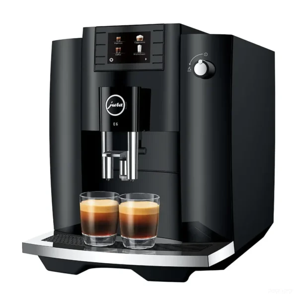 מכונת קפה אוטומטית Jura E6 Piano Black, מבט תלת רבעי על רקע לבן