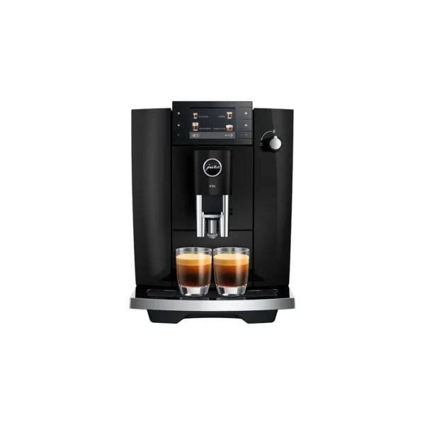 מכונת קפה אוטומטית Jura E6 דור 4 Piano Black במבט חזיתי, המסך הצבעוני 3.5 אינץ' מציג את תפריט המשקאות