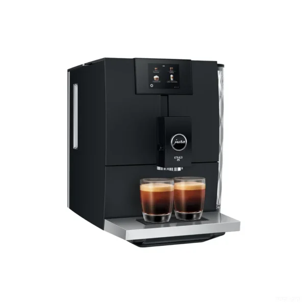 מכונת קפה אוטומטית Jura ENA 8 Full Metropolitan Black - מבט תלת רבעי עם פיית מזיגה כפולה ומיכל מים בעיצוב יהלום