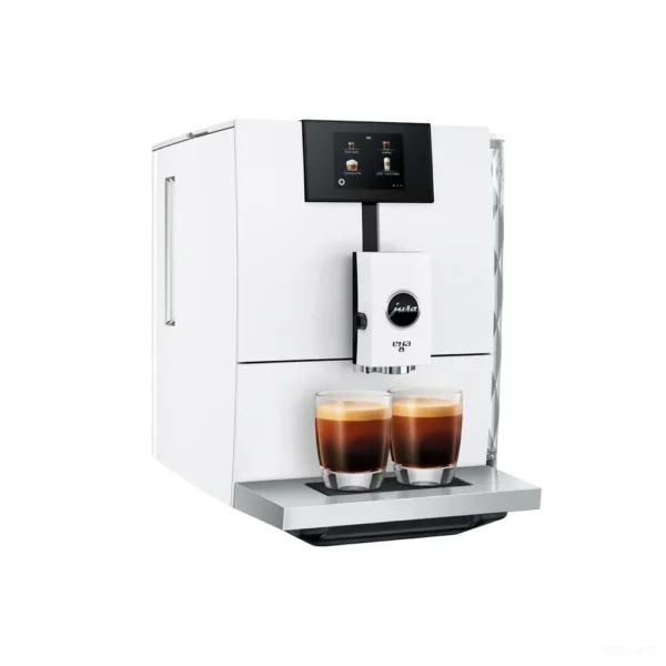 מכונת קפה אוטומטית Jura ENA 8 Full Nordic White - מבט תלת רבעי עם פיית מזיגה כפולה ומיכל מים בעיצוב יהלום