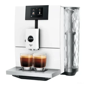 מכונת קפה אוטומטית Jura ENA 8 Full Nordic White - מבט חזיתי עם שתי כוסות אספרסו על רקע לבן